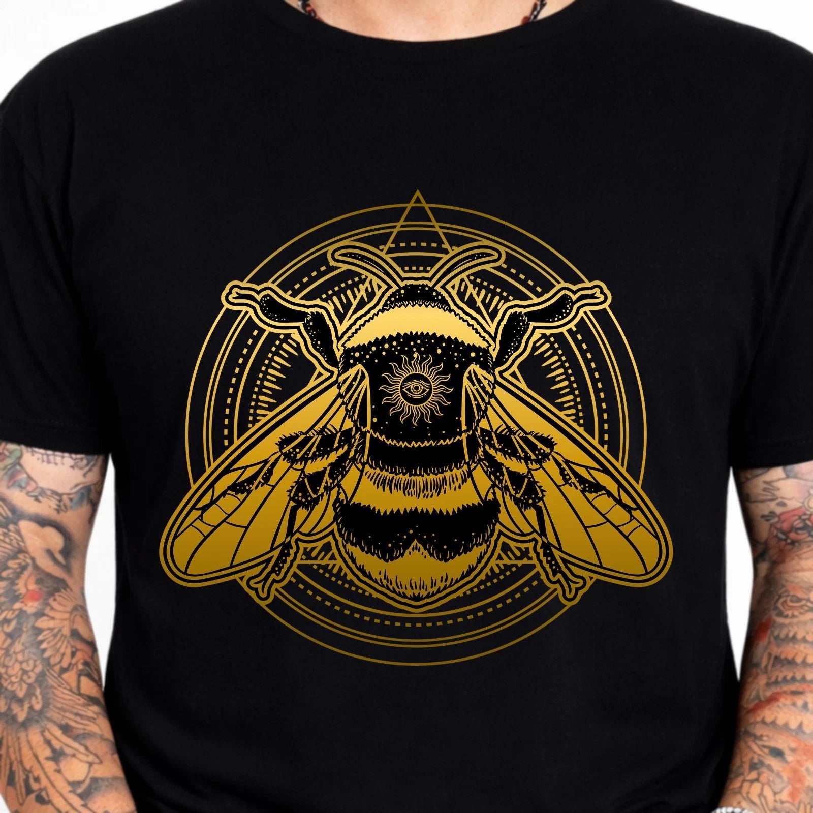 Mystic Honey Bee Sacred Geometry Insect Mystical Eye Golden Top Graphic T-Shirt.