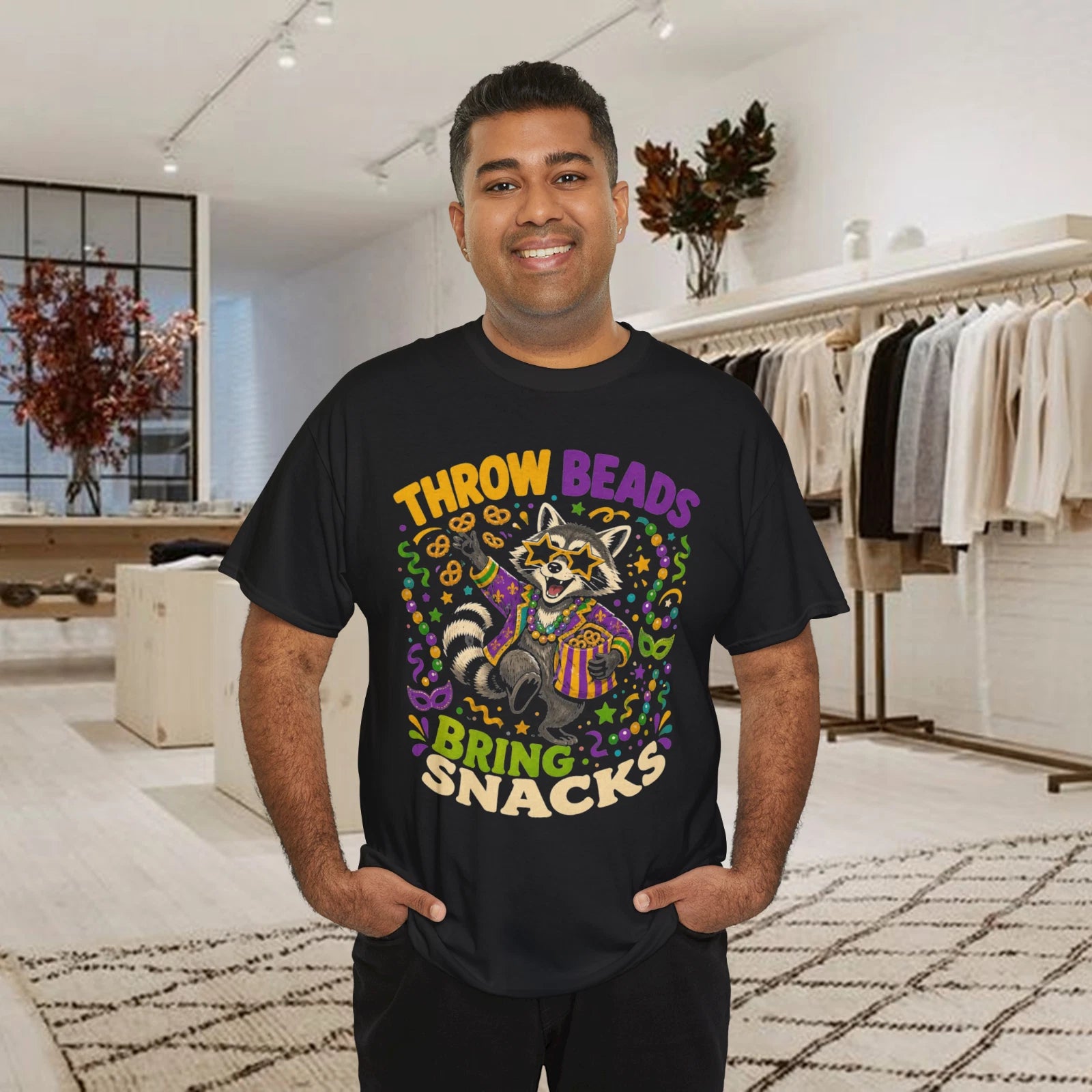 Throw Beads Bring Snacks Mardi Gras Raccoon Graphic T-Shirt