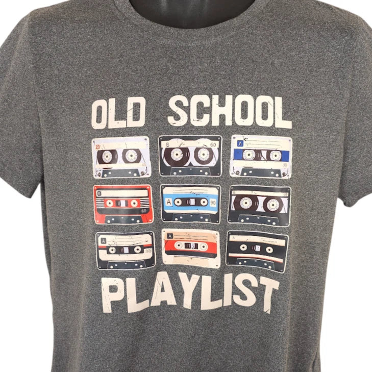 Old School Playlist T Shirt Mens Size Large Gray Cassette Tape Mixtape Retro