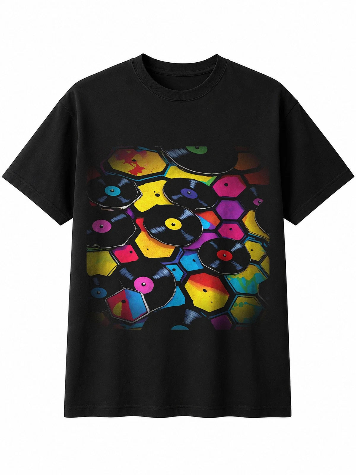 Splatter Art Vinyl Record Player Hexagon Mens T-Shirt Retro Y2K Black Nostalgia