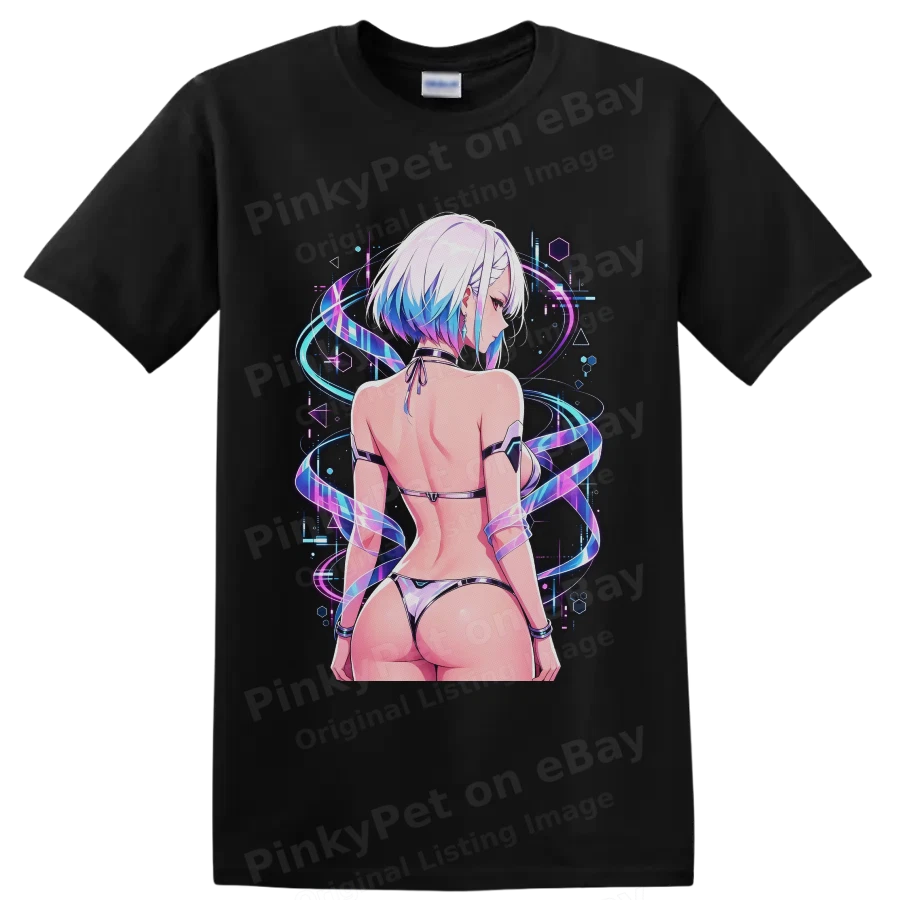 Anime Waifu T Shirt Neon Cyberpunk Bikini Girl Graphic Retro Futuristic Tee Art
