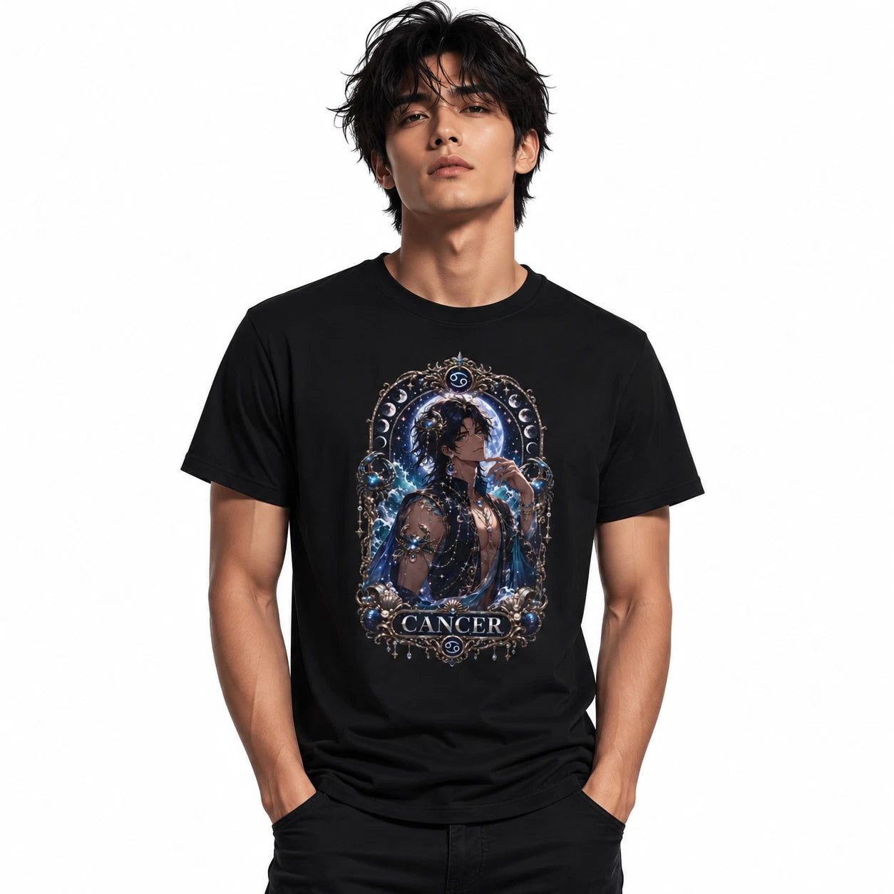 Cancer Zodiac Anime T-Shirt Astrology Moon Phase Horoscope Tee Unisex
