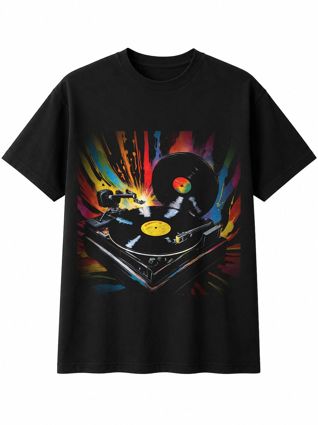Splatter Art Vinyl Record Player Glowing Mens T-Shirt Retro Y2K Black Adults 90s