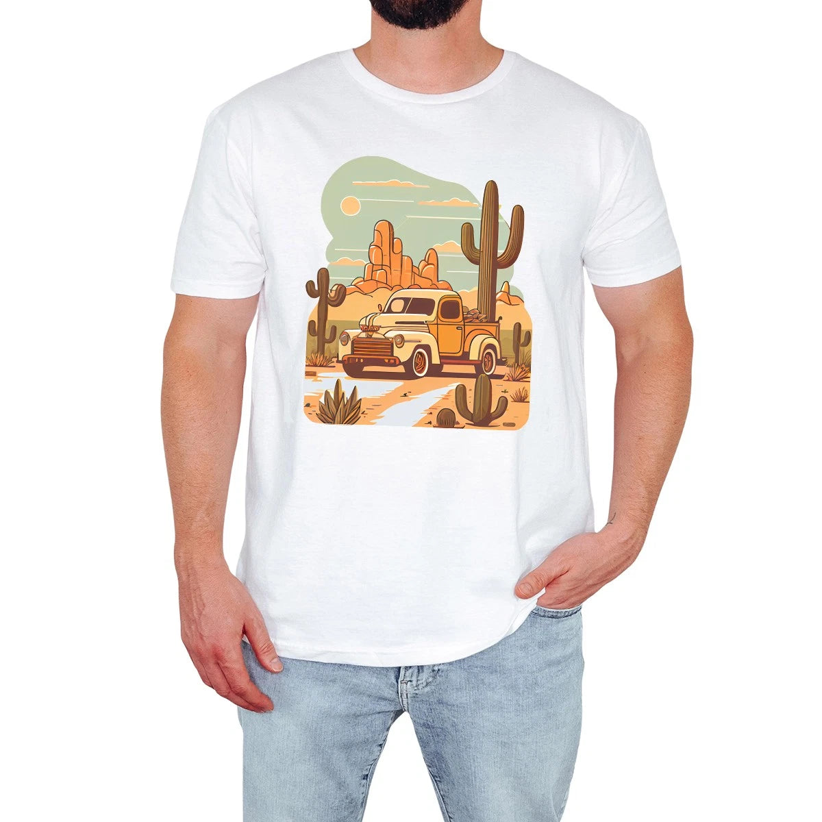 Vintage Desert Truck Mens T-Shirt Retro Western Cactus Nature Lover Summer Gift
