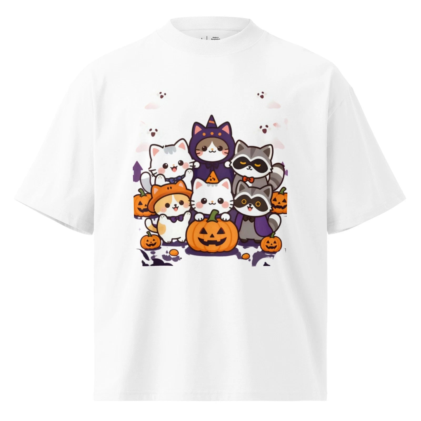 Unisex organic oversized high neck t-shirt-A group photo of cats at Halloween