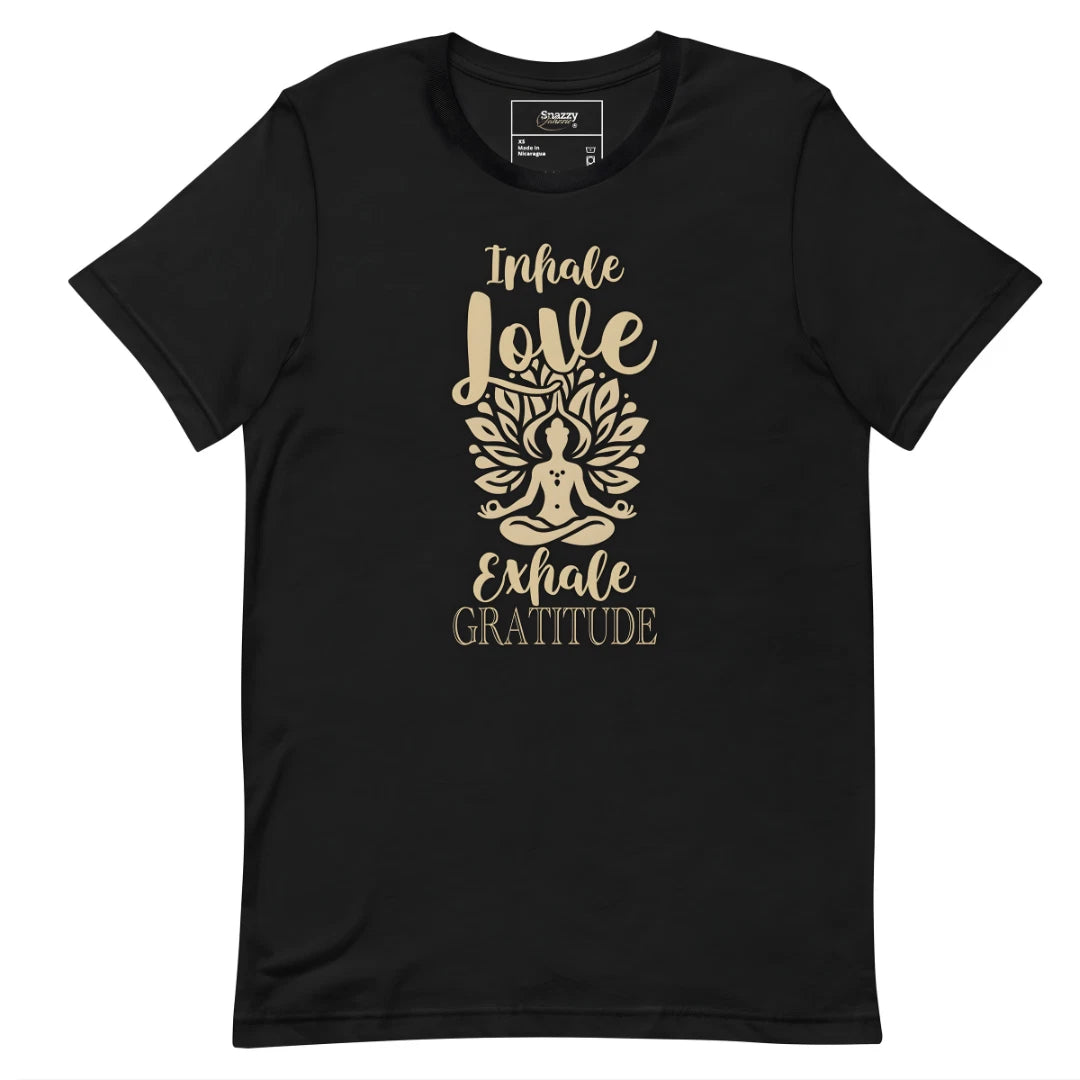 Meditation T-Shirt Inhale Love Exhale Gratitude Buddha Lotus Black Graphic Tee