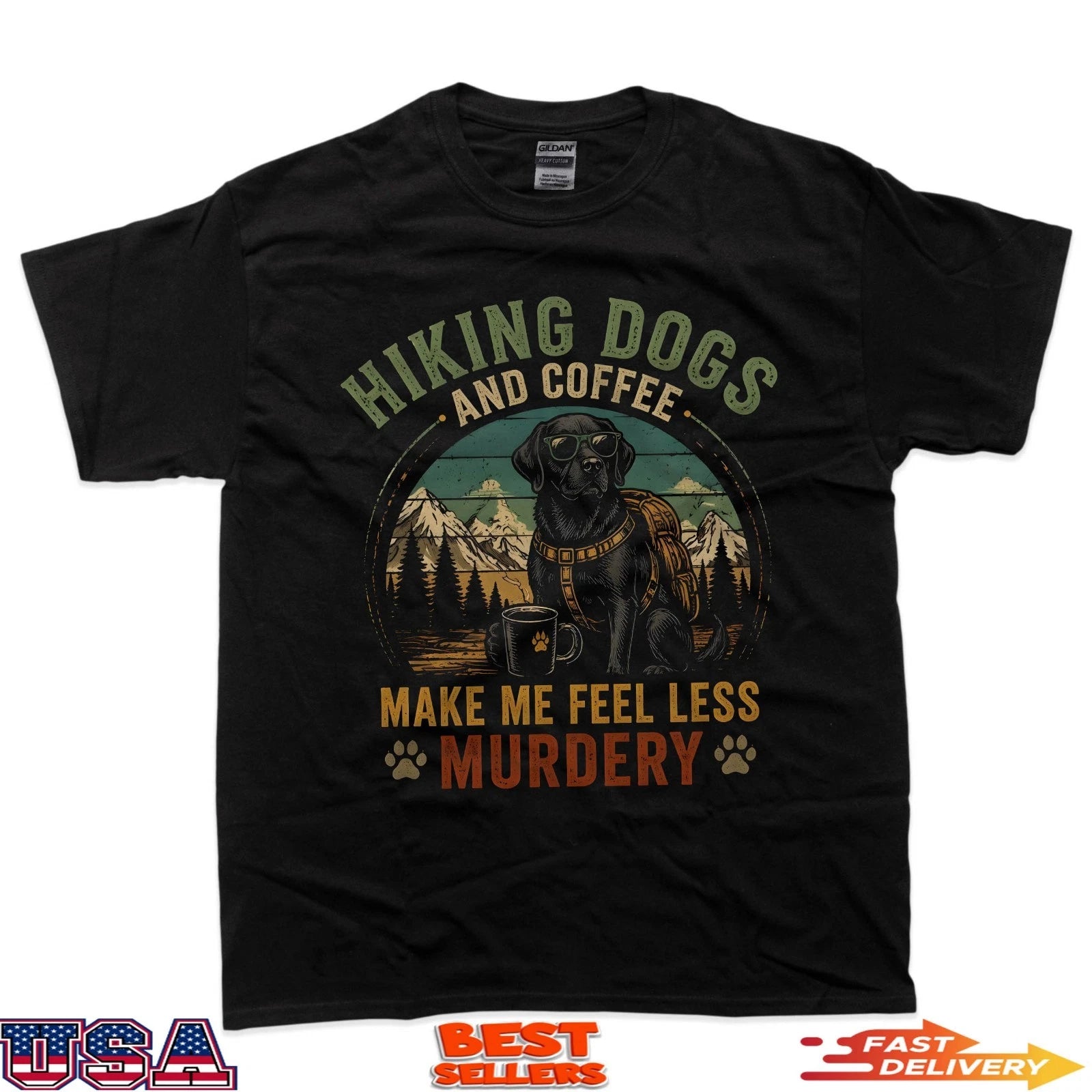 Hiking Dog And Coffee Funny Outdoor Adventure Dog Lover T-Shirt