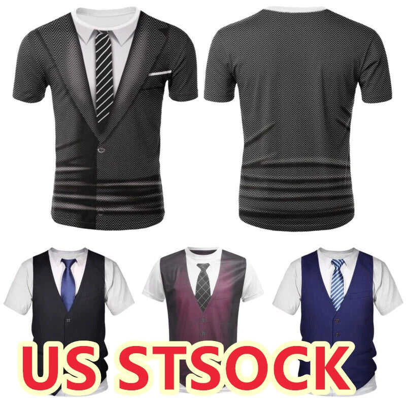 Mens Fake Tuxedo T-Shirt Printed Vest Tie Tux Shirt Casual Summer Tops Funny