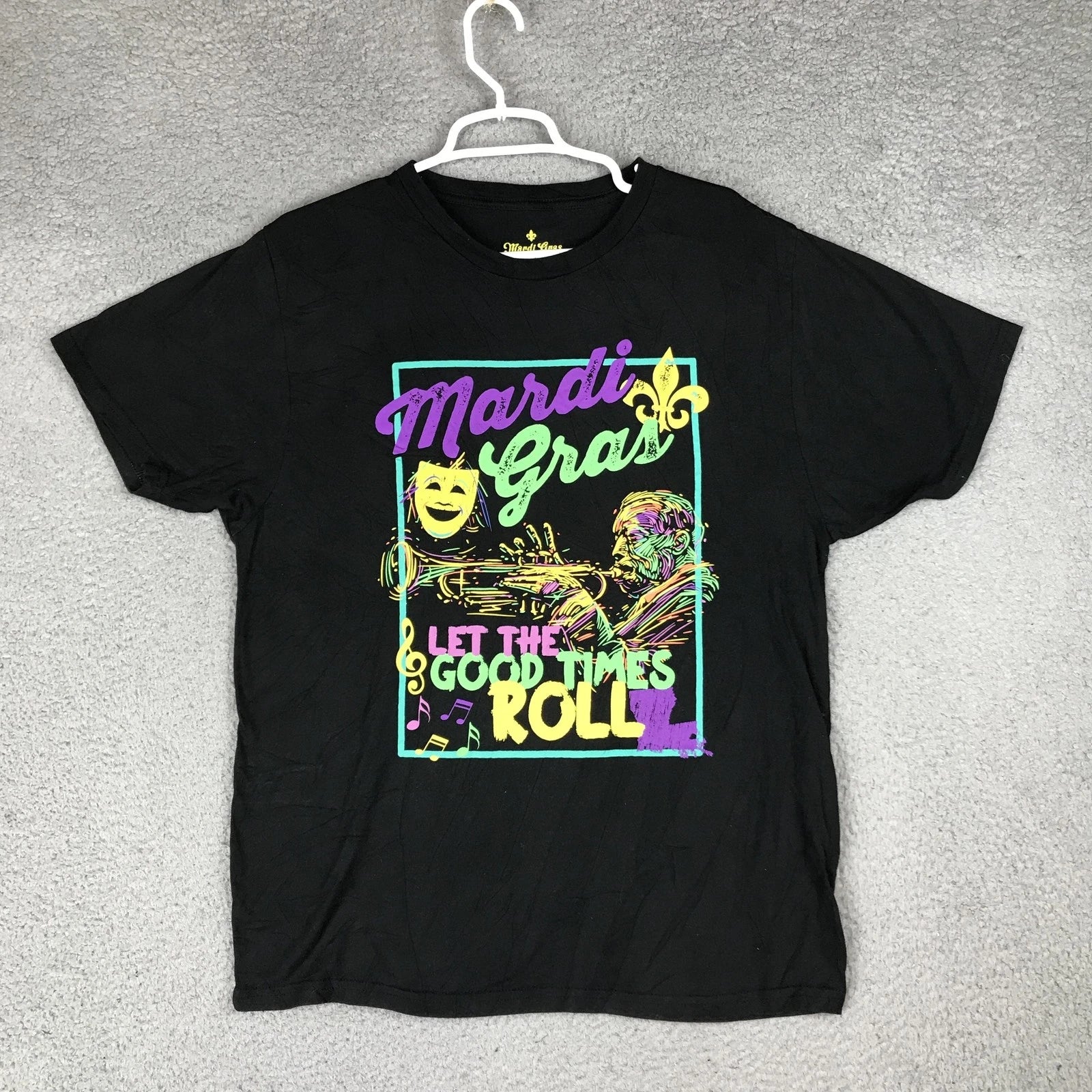 Mardi Gras Shirt Mens Large Black Let The Good Times Roll Jazz Graphic Tee