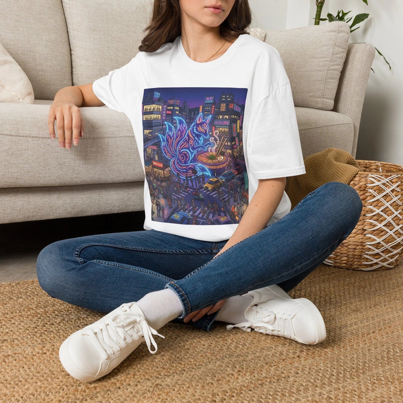 Cyberpunk Kitsune Fox Ramen Noodle Tokyo Graphic T-Shirt Retro Japan Neon Tee