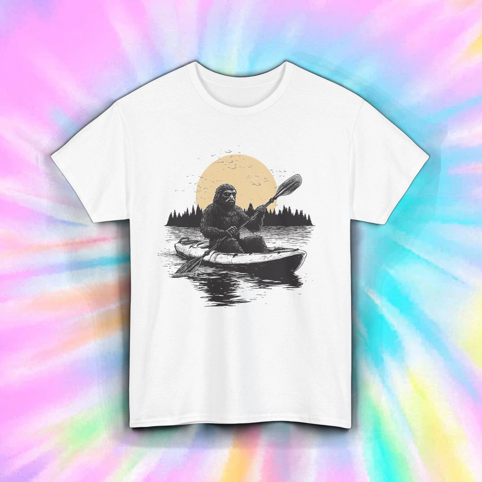 Bigfoot Kayaking Shirt Funny Sasquatch Paddling Lake Canoe Nature Sunset Tee