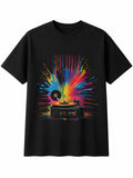 Splatter Art Vinyl Record Player Geometric Retro Y2K Mens T-Shirt Black 90s Tee