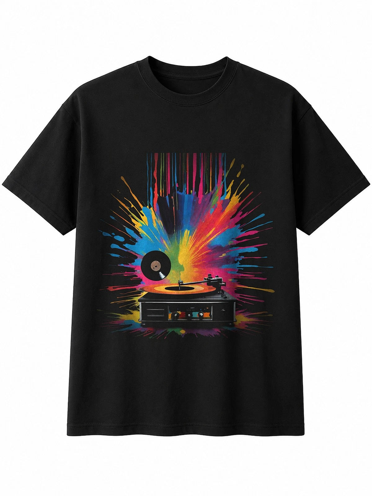 Splatter Art Vinyl Record Player Geometric Retro Y2K Mens T-Shirt Black 90s Tee