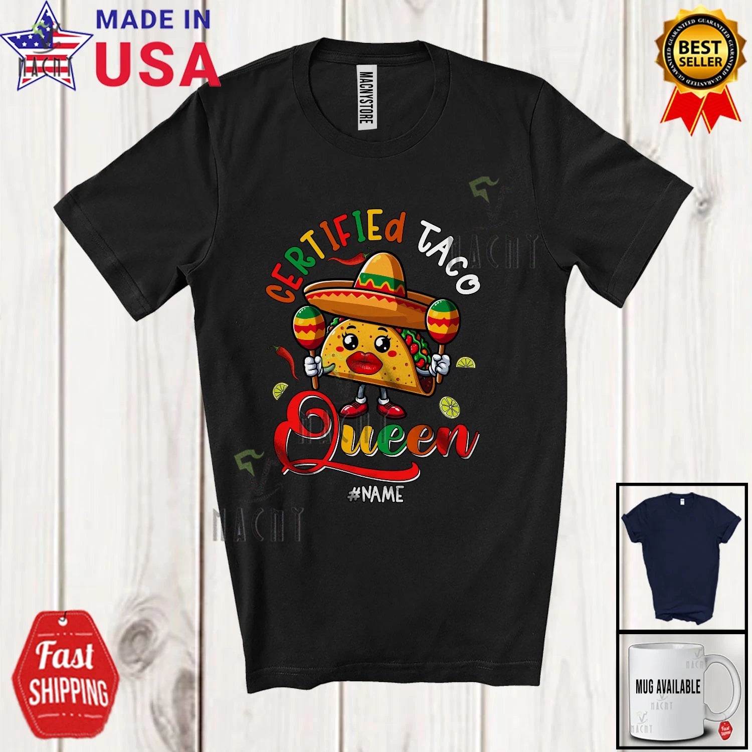 Custom Name Certified Taco Queen; Humorous Cinco De Mayo Mexican Food T-Shirt