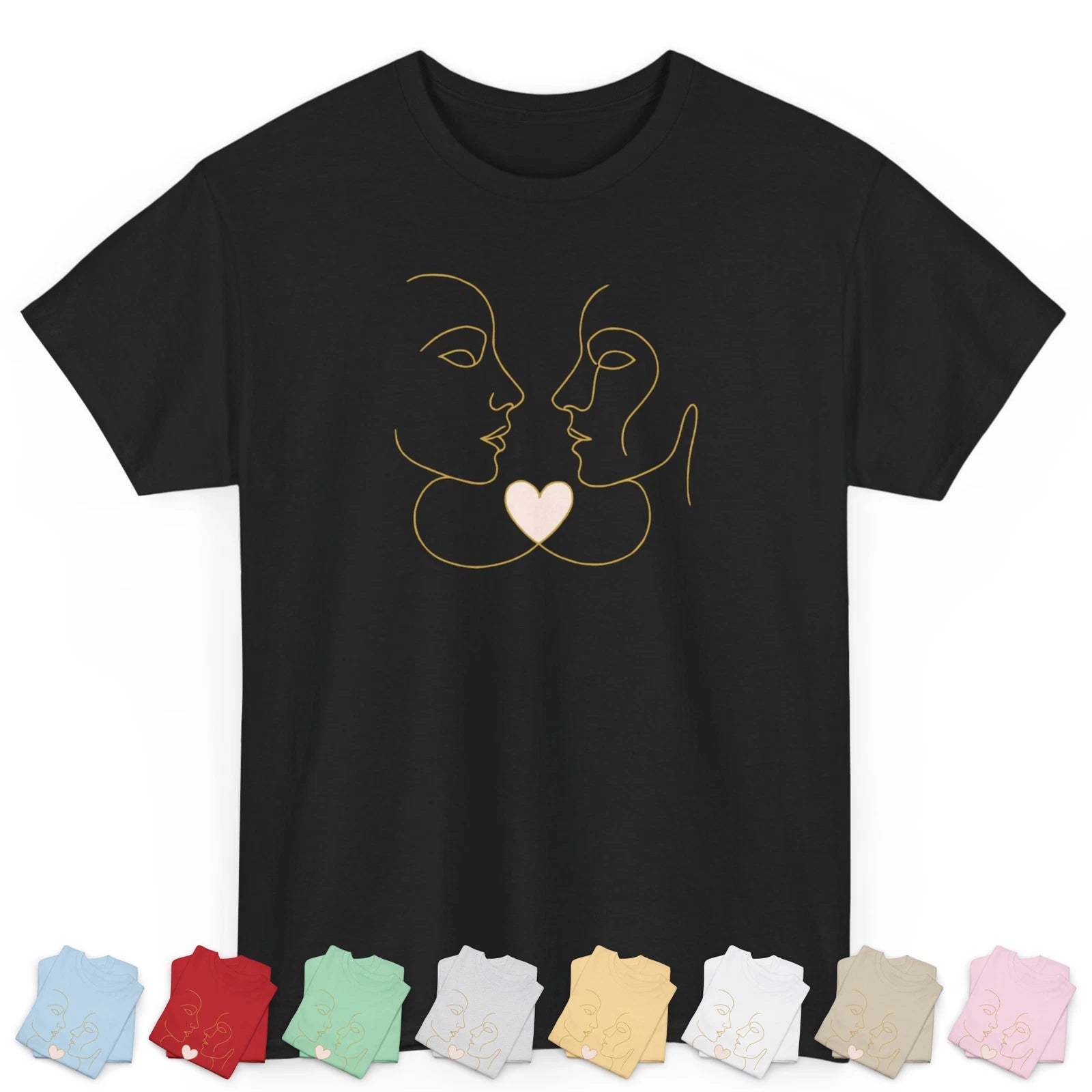 Minimalist Line Art Couple T-Shirt Love Face Outline Heart Valentine Gift Tee