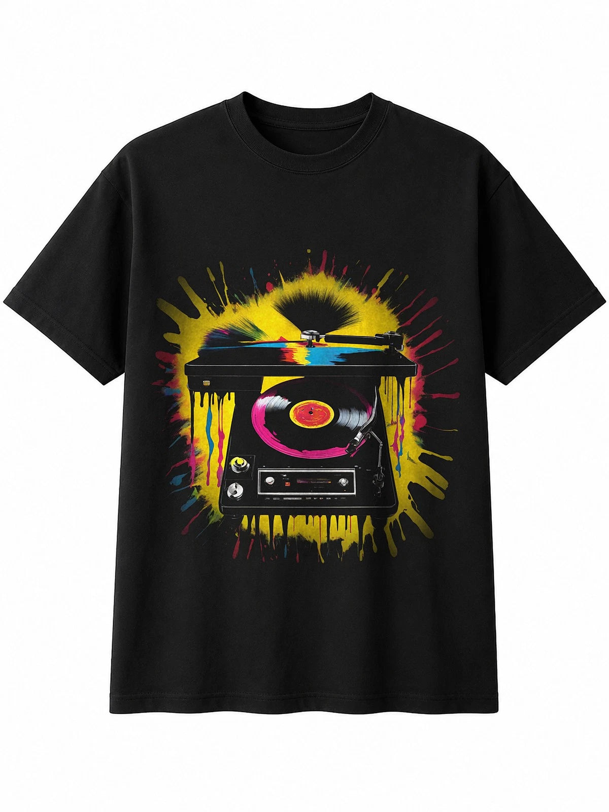 Splatter Art Vinyl Record Player Brushstroke Retro Y2K Mens T-Shirt Black Top