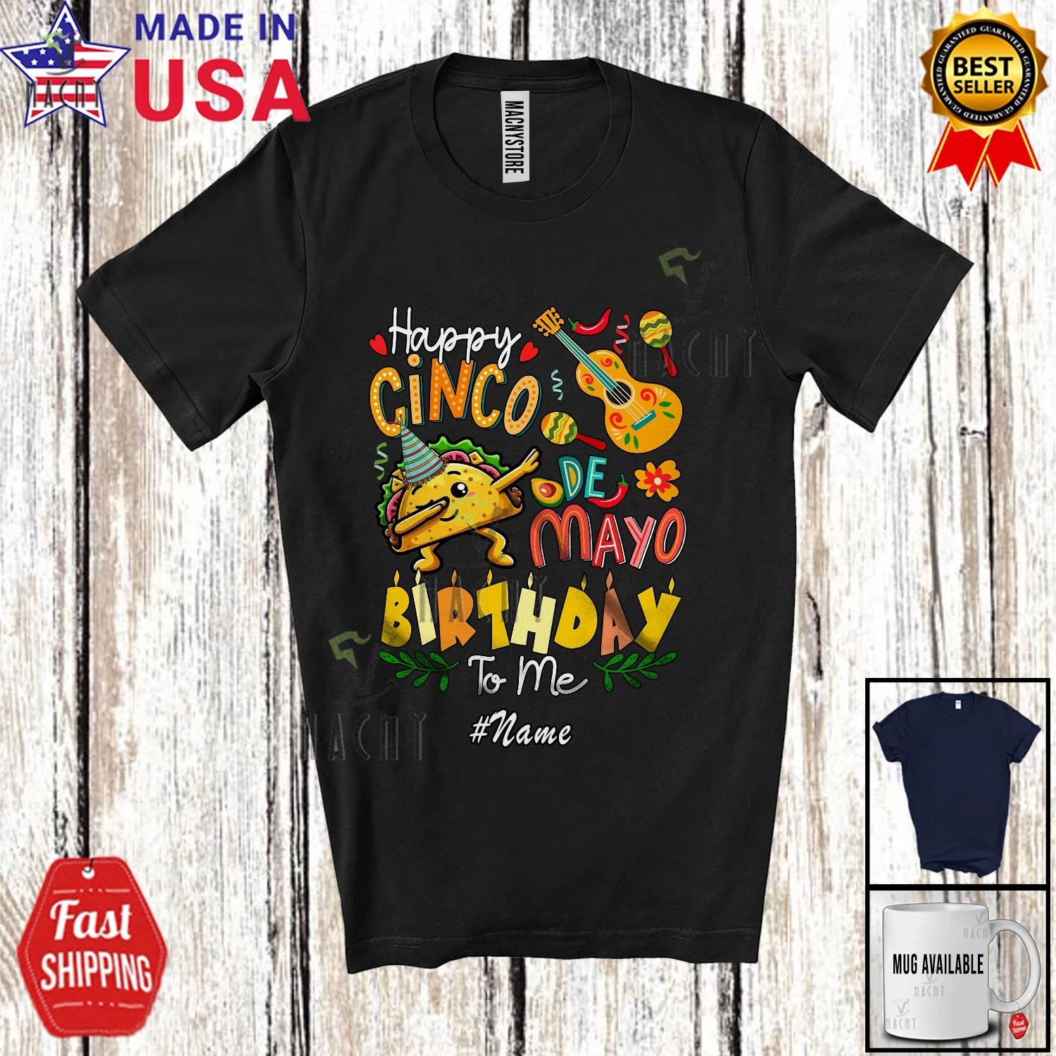 Custom Name Cinco De Mayo Birthday To Me; Joyful Dabbing Mexican Tacos Shirt