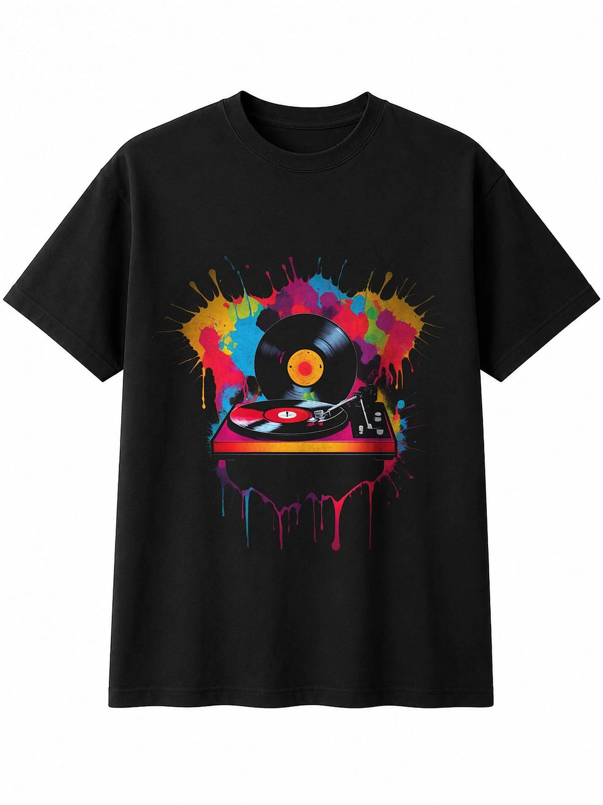 Splatter Art Vinyl Record Player Hexagon Retro Y2K Mens T-Shirt Black Birthday