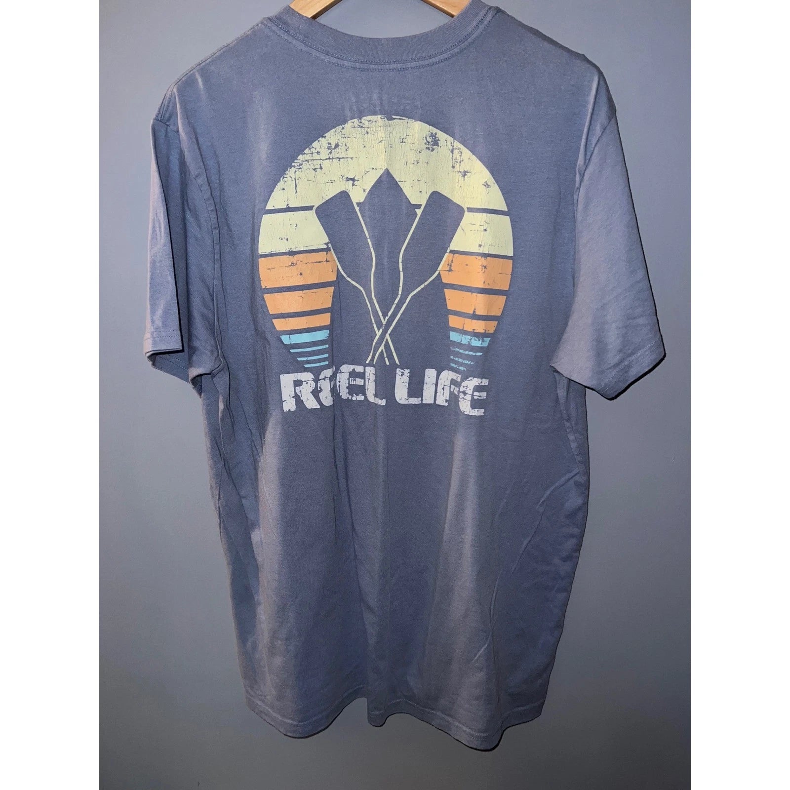 Reel Life Mens XL Blue Graphic T-Shirt Short Sleeve Fishing Oar Sunset Tee