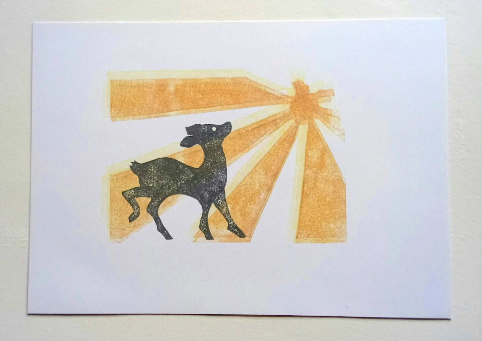 Deer and Abstract Sunshine Linoprint Deer Silhouette Style A5 Art Print