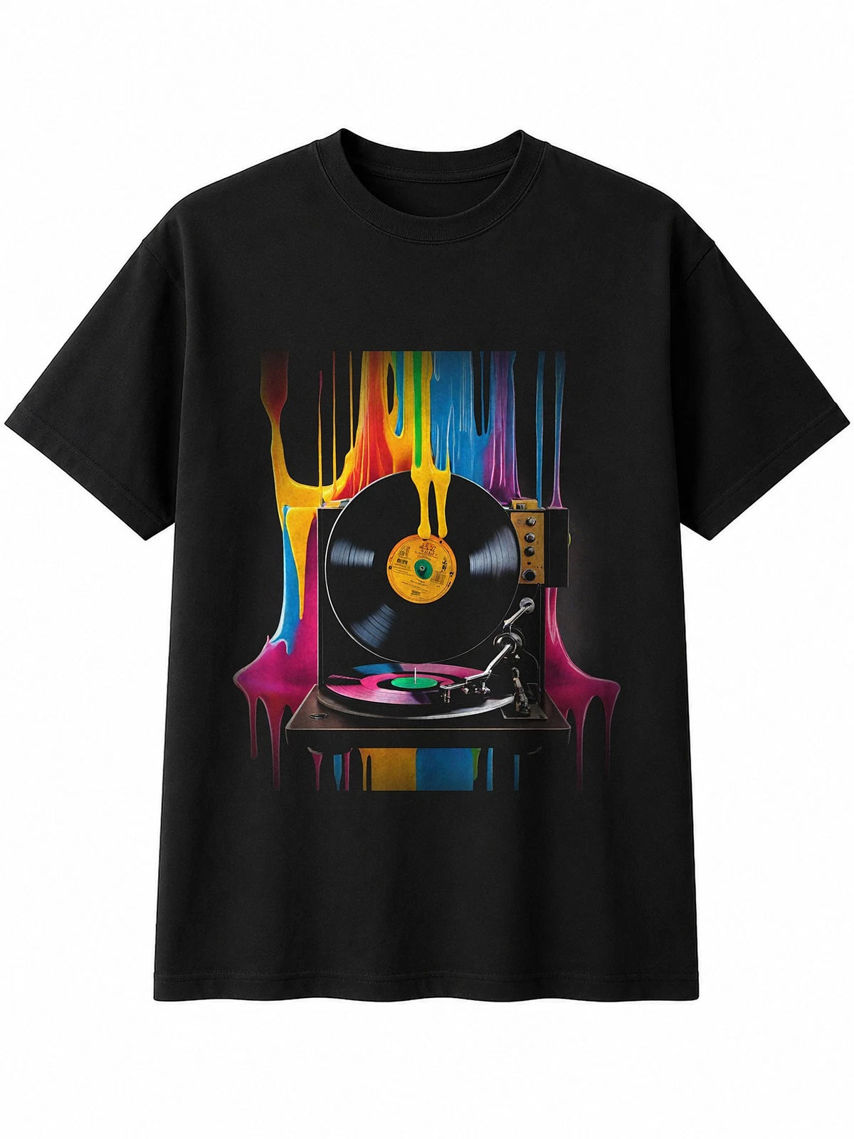 Vinyl Record Player Fantasy Art Retro Y2K Mens T-Shirt Black 100% Cotton 90s