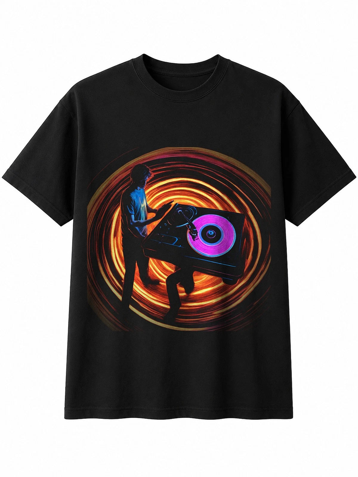 Fantasy Art Vinyl Record Player Neon Glow Retro Y2K Mens T-Shirt Black 90s