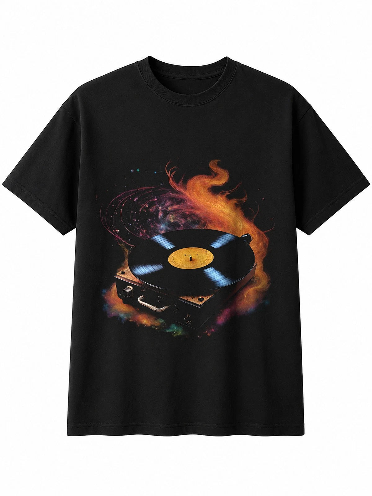 Ink Art Vinyl Record Player Under the Stars Retro Y2K Mens T-Shirt Black 90s