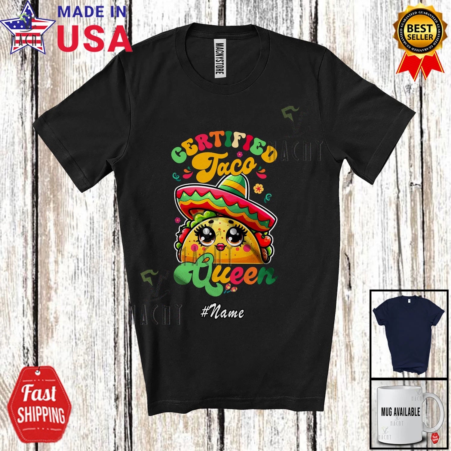 Custom Name Certified Taco Queen; Cinco De Mayo Sombrero Food Mexican T-Shirt