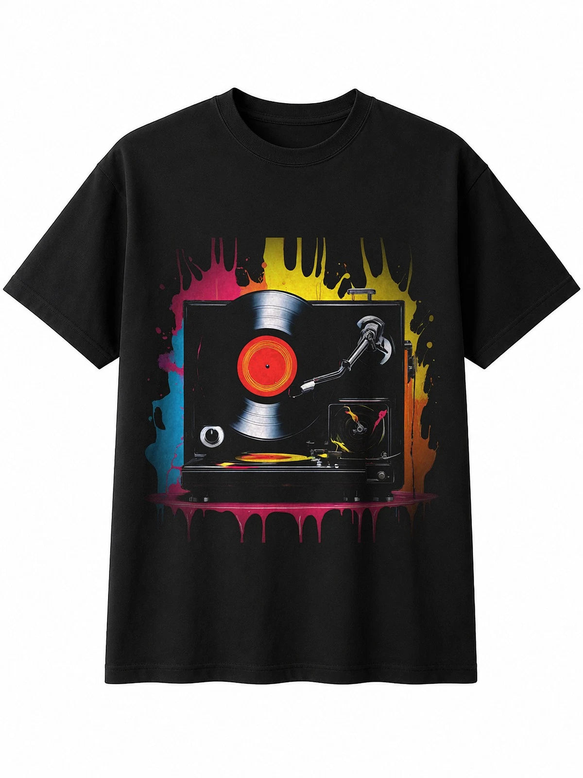 Splatter Art Vinyl Record Player Halo Retro Y2K Mens T-Shirt Black 100% Cotton