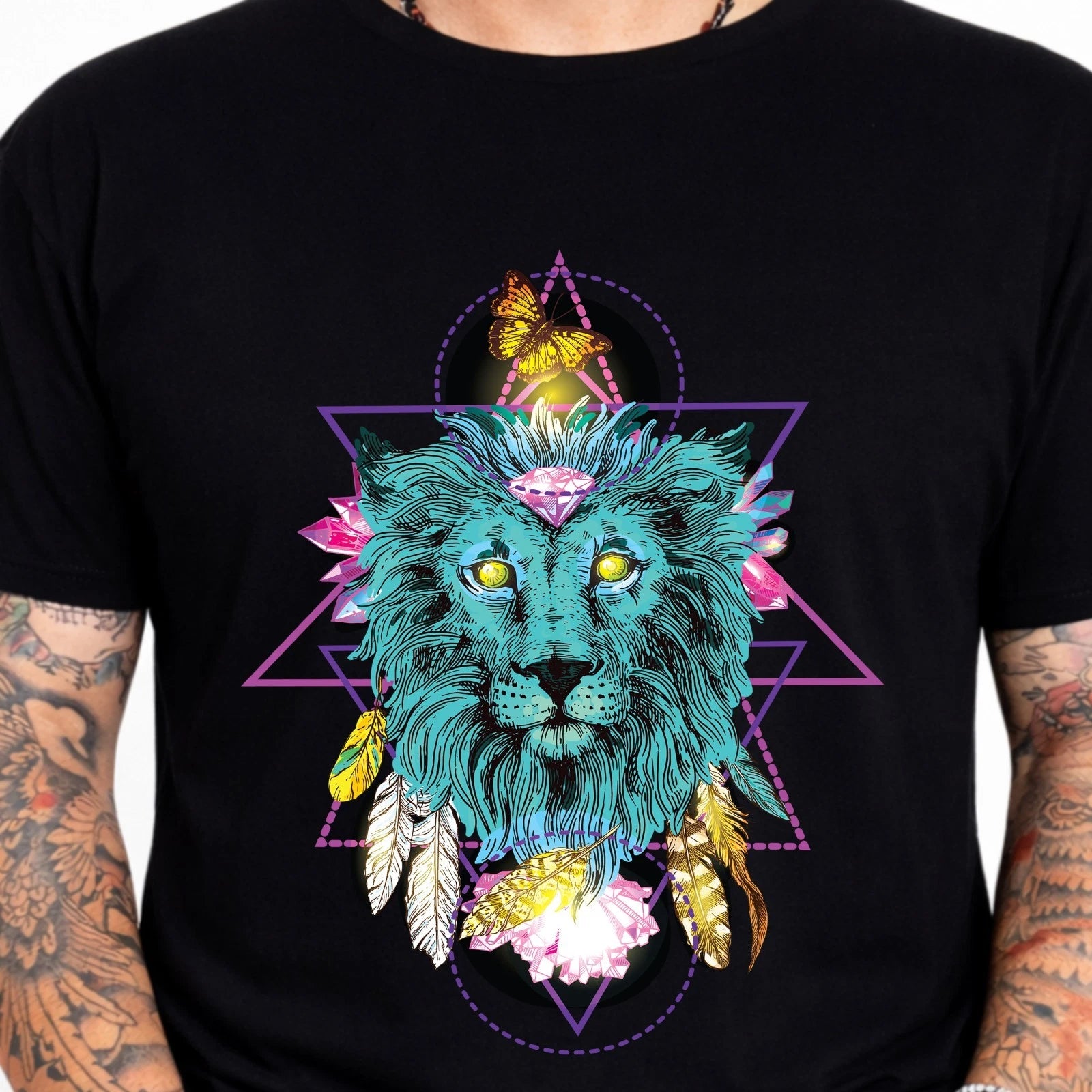 Blue Lion Crystal Sacred Geometry Butterfly Feathers Vintage Graphic T-Shirt.