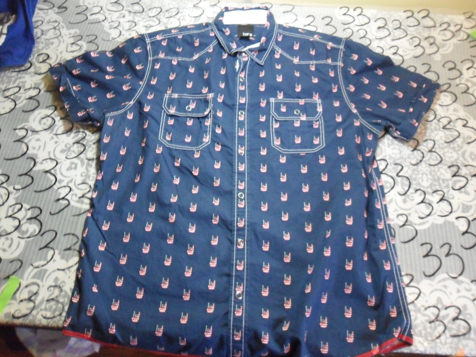 Large Rock On  Button Down Patriotic USA Shirt