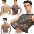 Mens Sheer Mesh Tank Top Disco Muscle Crop Tops Stretchy Glittery Clubwear Vest