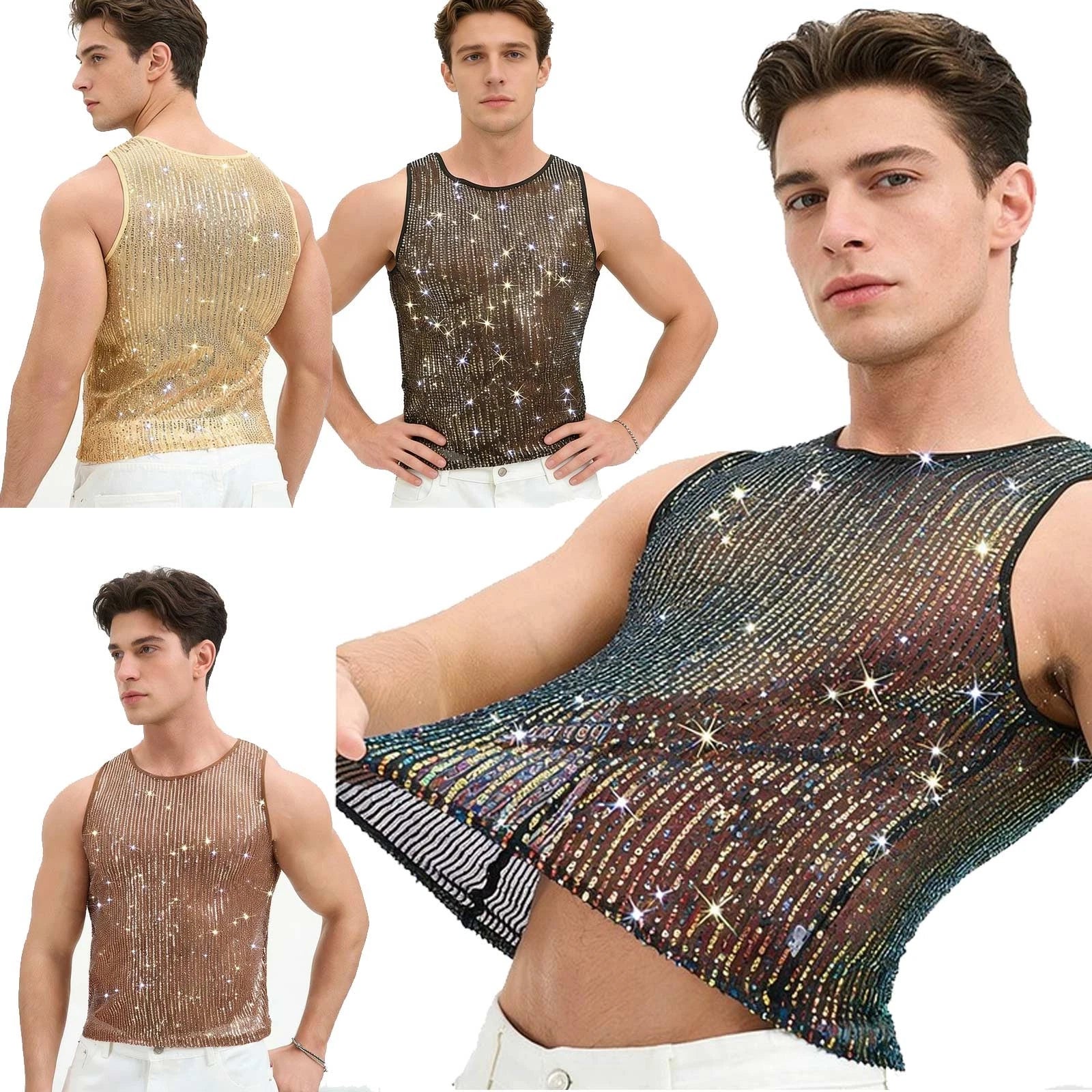 Mens Sheer Mesh Tank Top Disco Muscle Crop Tops Stretchy Glittery Clubwear Vest