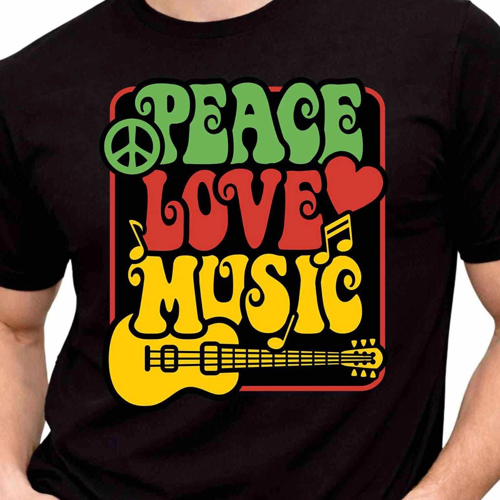 Retro Peace Love Music Guitar 70s Hippie Reggae Concert Festival Graphic T-Shirt