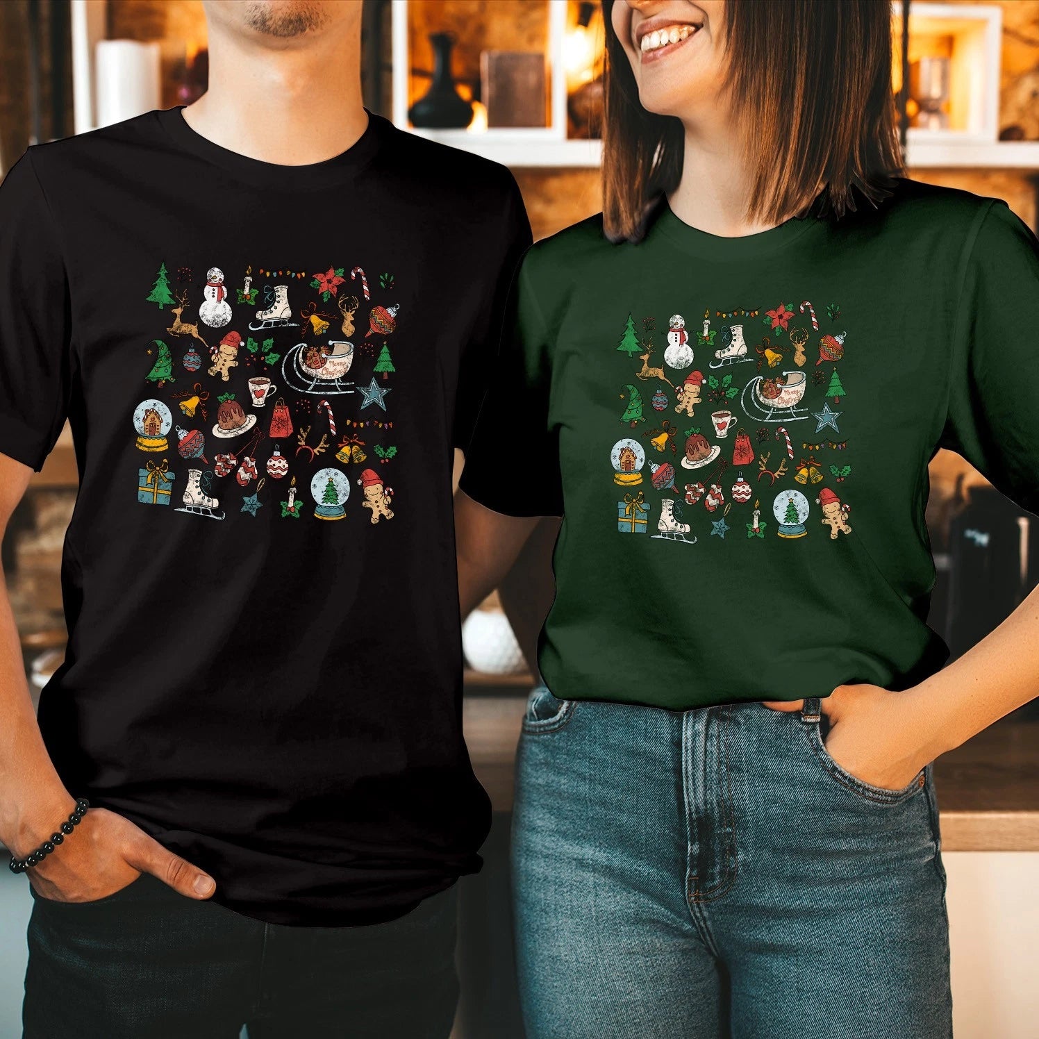 Christmas Pattern Shirt Holiday Doodle Print Xmas Couple Sweatshirt Hoodie 5208