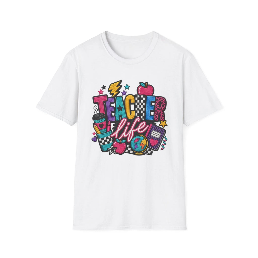 Faux Embroidery Teacher Life T-Shirt | Colorful School Icons Tee