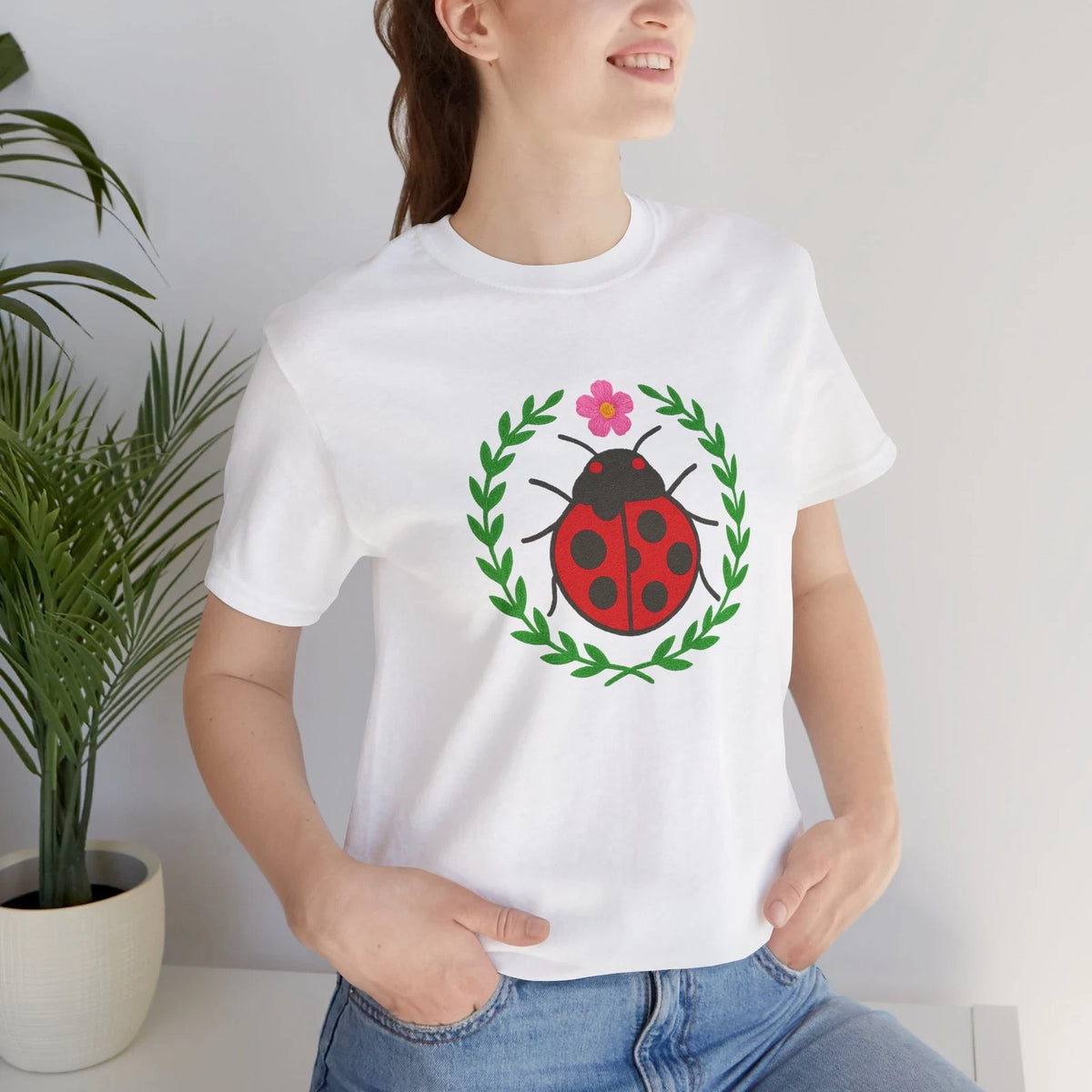 Ladybug Faux Embroidery Graphic Tee, Botanical T-Shirt, Cottagecore Aesthetic