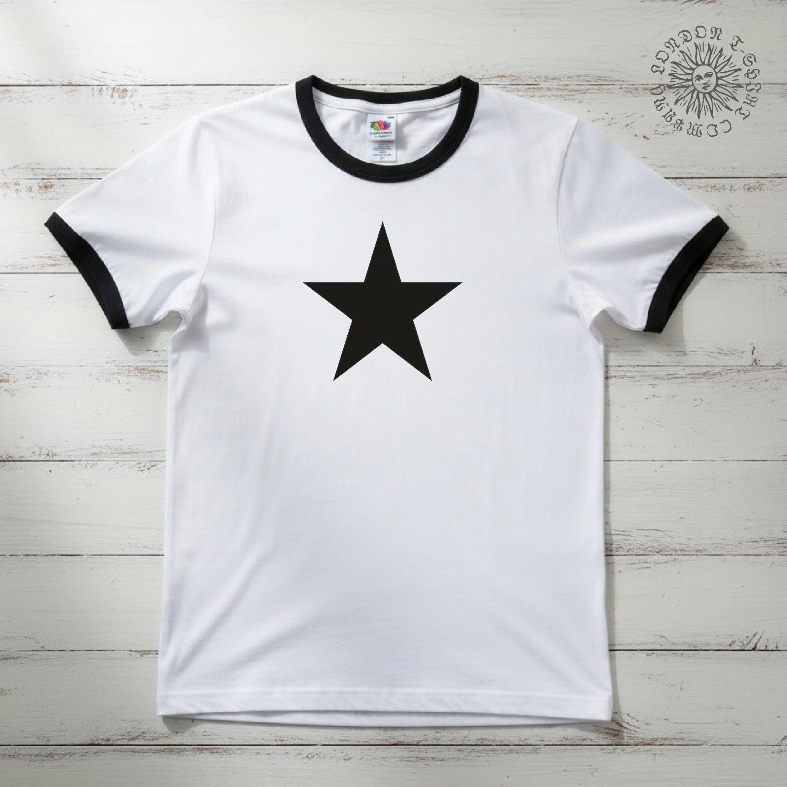 Star T-Shirt - White With Black Trim Ringer, 70's, Retro, Punk, Indie, S-3XL