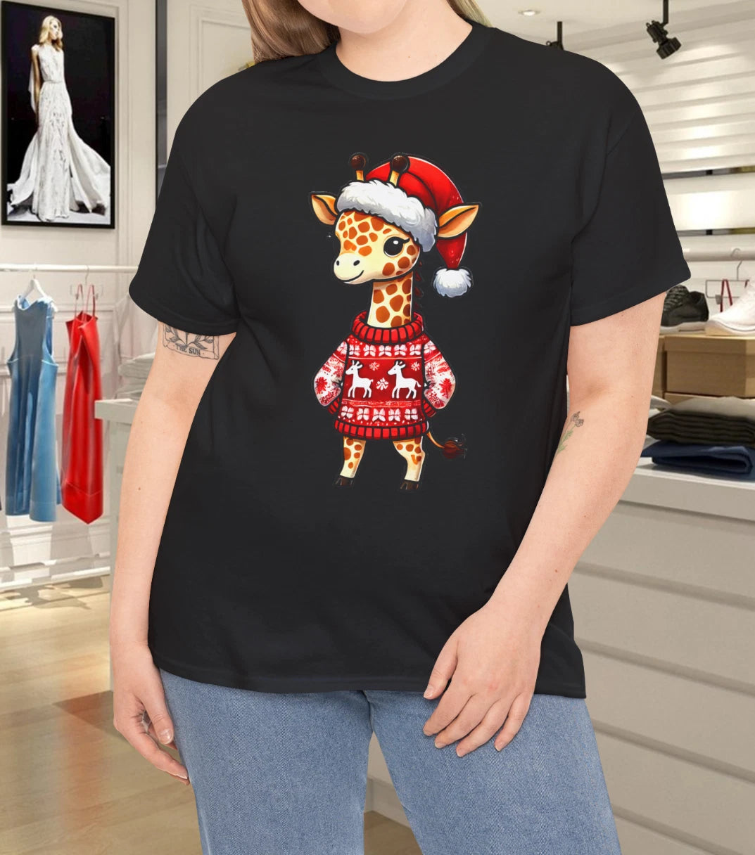 Giraffe Ugly Sweater Santa Hat Christmas Cotton Unisex T-Shirt
