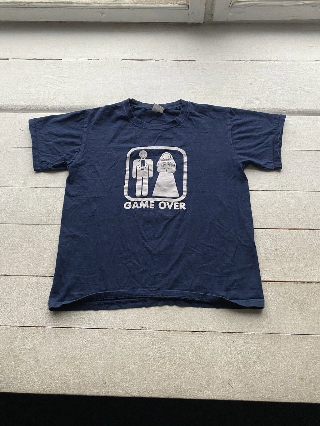 Vntg Humor Tee “Game Over” Wedding Blue Mens T Shirt Medium
