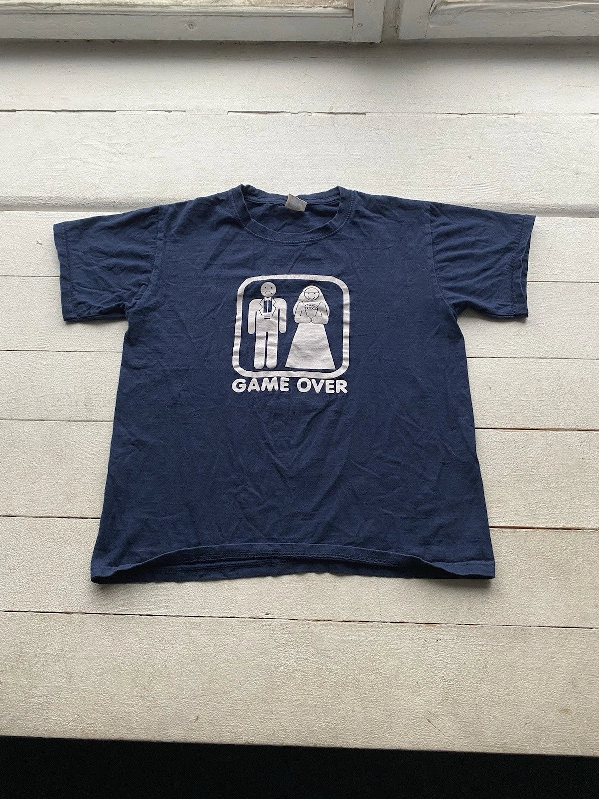 Vntg Humor Tee “Game Over” Wedding Blue Mens T Shirt Medium