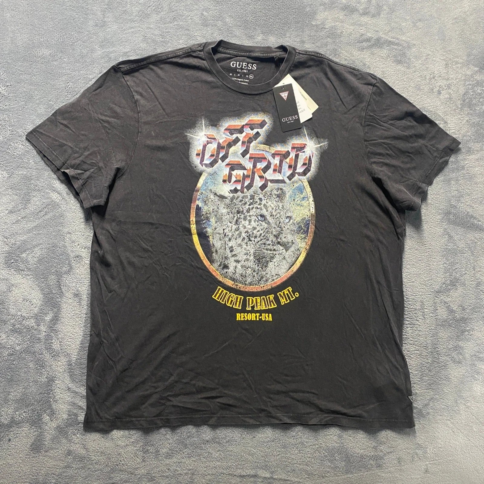 Guess T-Shirt Mens XXL Black NWT Off Grid Leopard Graphic Organic Cotton Tee