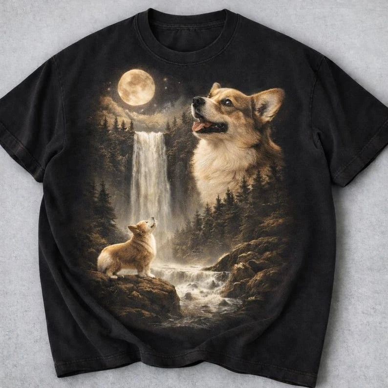 Corgi Howling to the Moon Shirt, Vintage Graphic Tee, Dog Shirt Full Size S-3XL