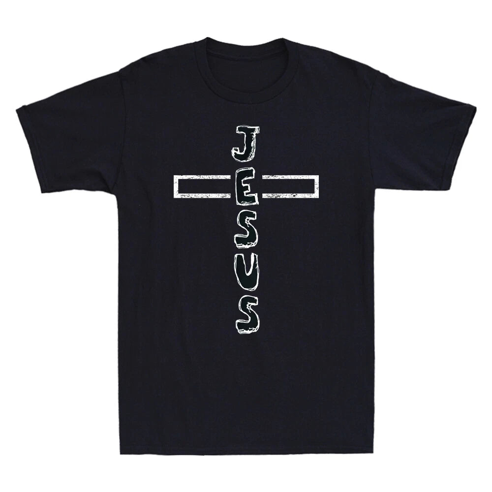 Jesus Hand Drawn Cross Shirt Christian Bible Faith Funny Quote Retro Men T-shirt
