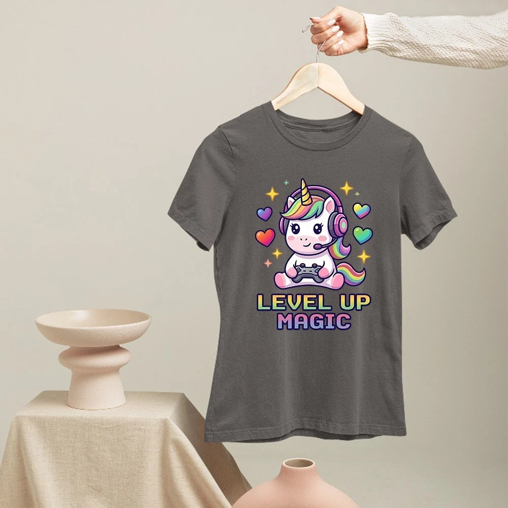 Level Up Magic Cute Unicorn Gamer Gaming Rainbow Kids Birthday T-Shirt Gift