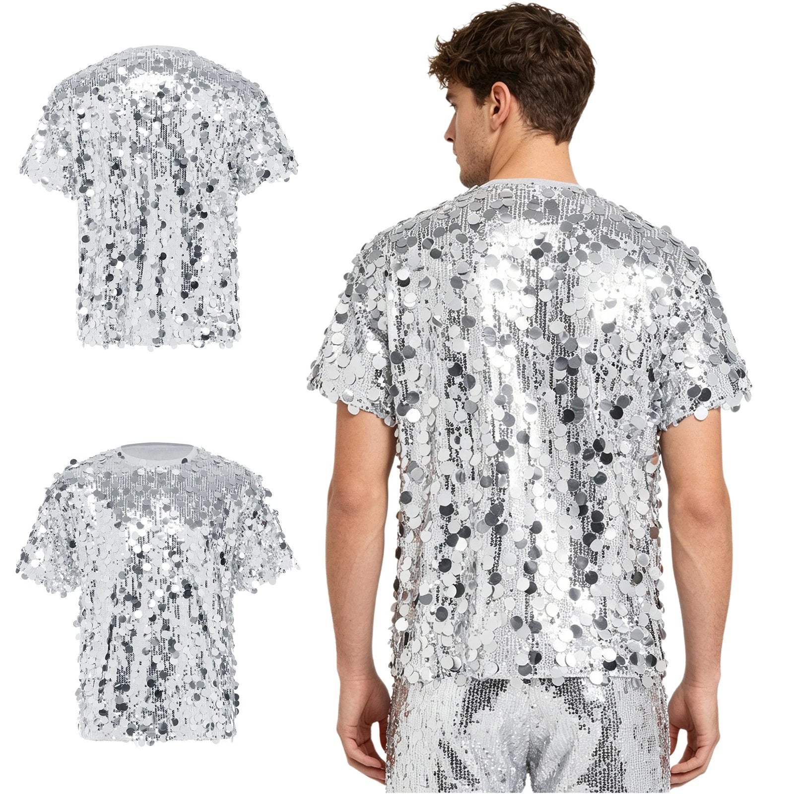 Men T-shirt Disco Dance Top Raves Tee Clubwear Glitter Vacations Allover Party