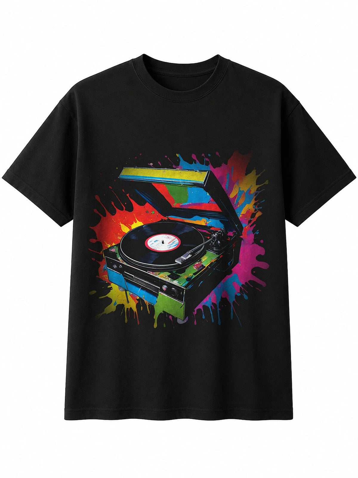 Splatter Art Vinyl Record Player Shattered Retro Y2K Mens T-Shirt Black Novelty