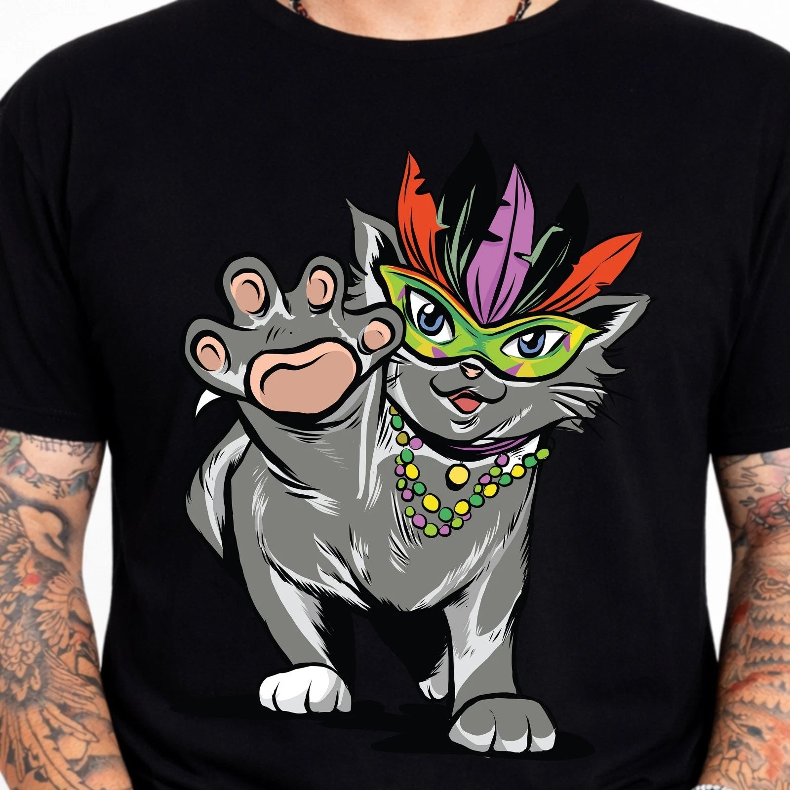 Mardi Gras Cat T-Shirt Funny Carnival Mask Feathers Beads Kitten Tee .