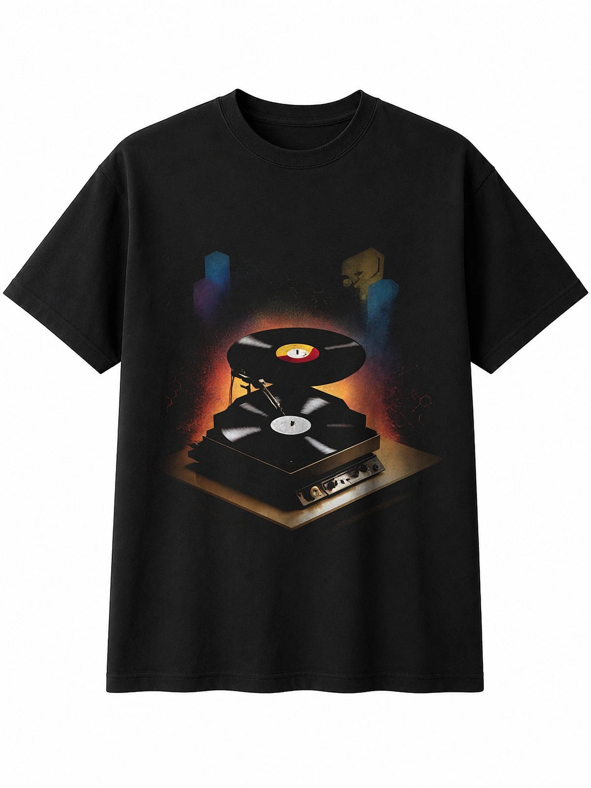 Fantasy Art Vinyl Record Player Hexagon Retro Y2K Mens T-Shirt Black 100% Cotton