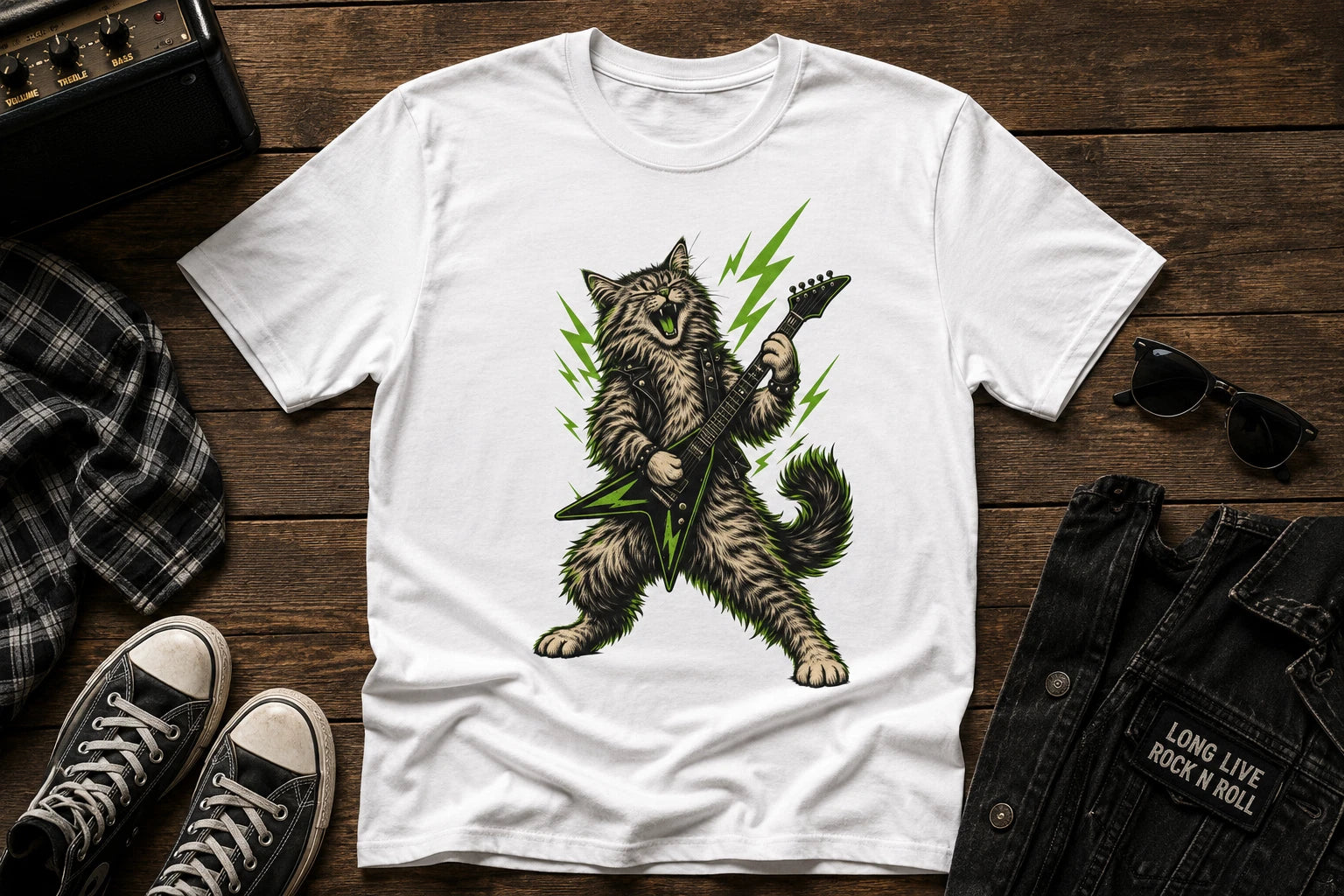 Rockstar Cat T-Shirt | Electric Guitar, Lightning Bolts